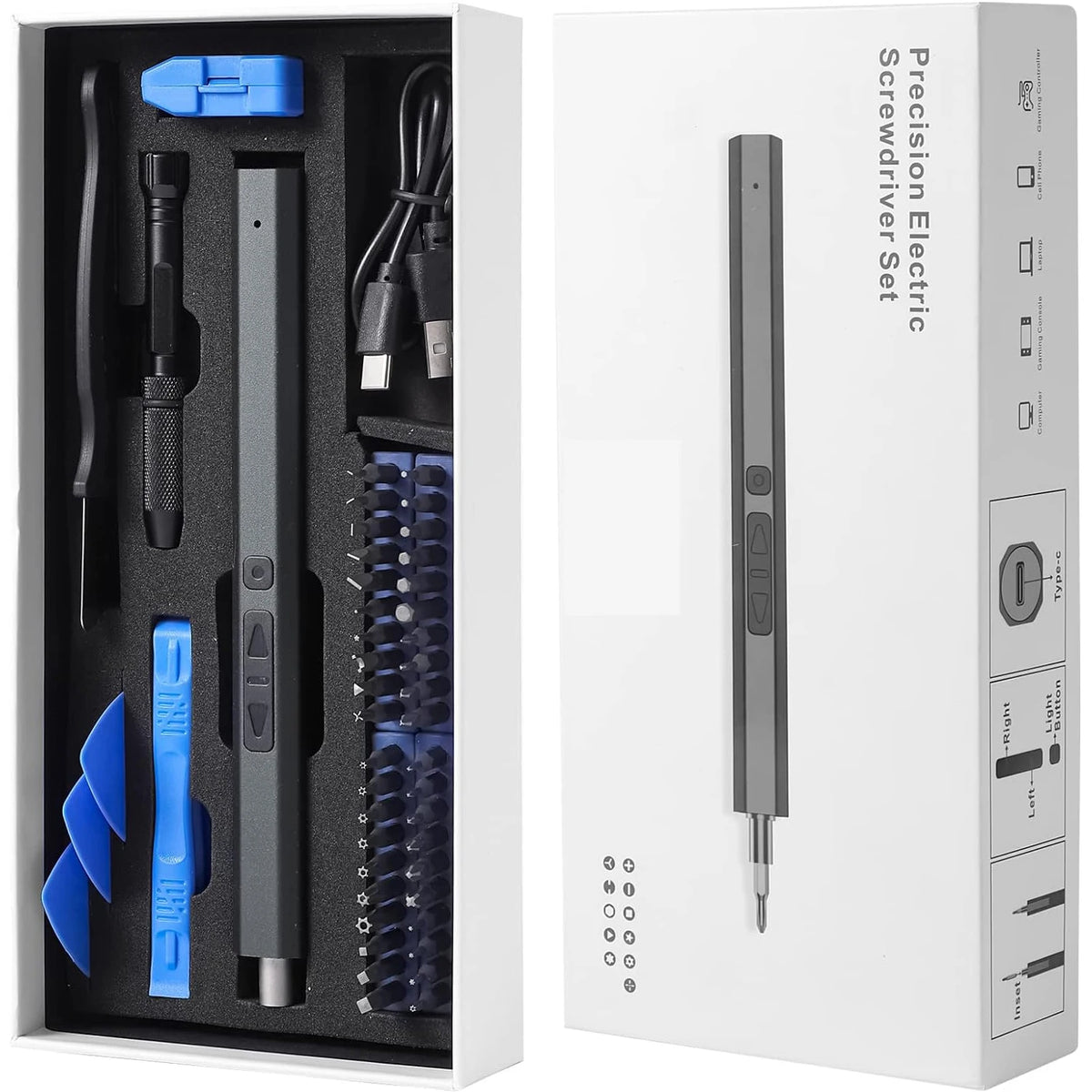 A white box displaying a precision electric screwdriver set with various bits and accessories.