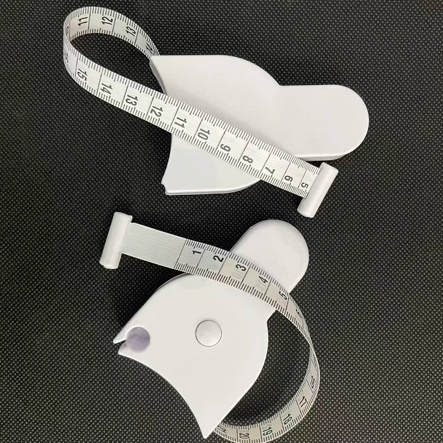 A white automatic locking body measuring tape with a soft retractable design shown on a dark background.