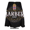 Black waterproof hair cutting cape with red, white, and blue accents for professional use