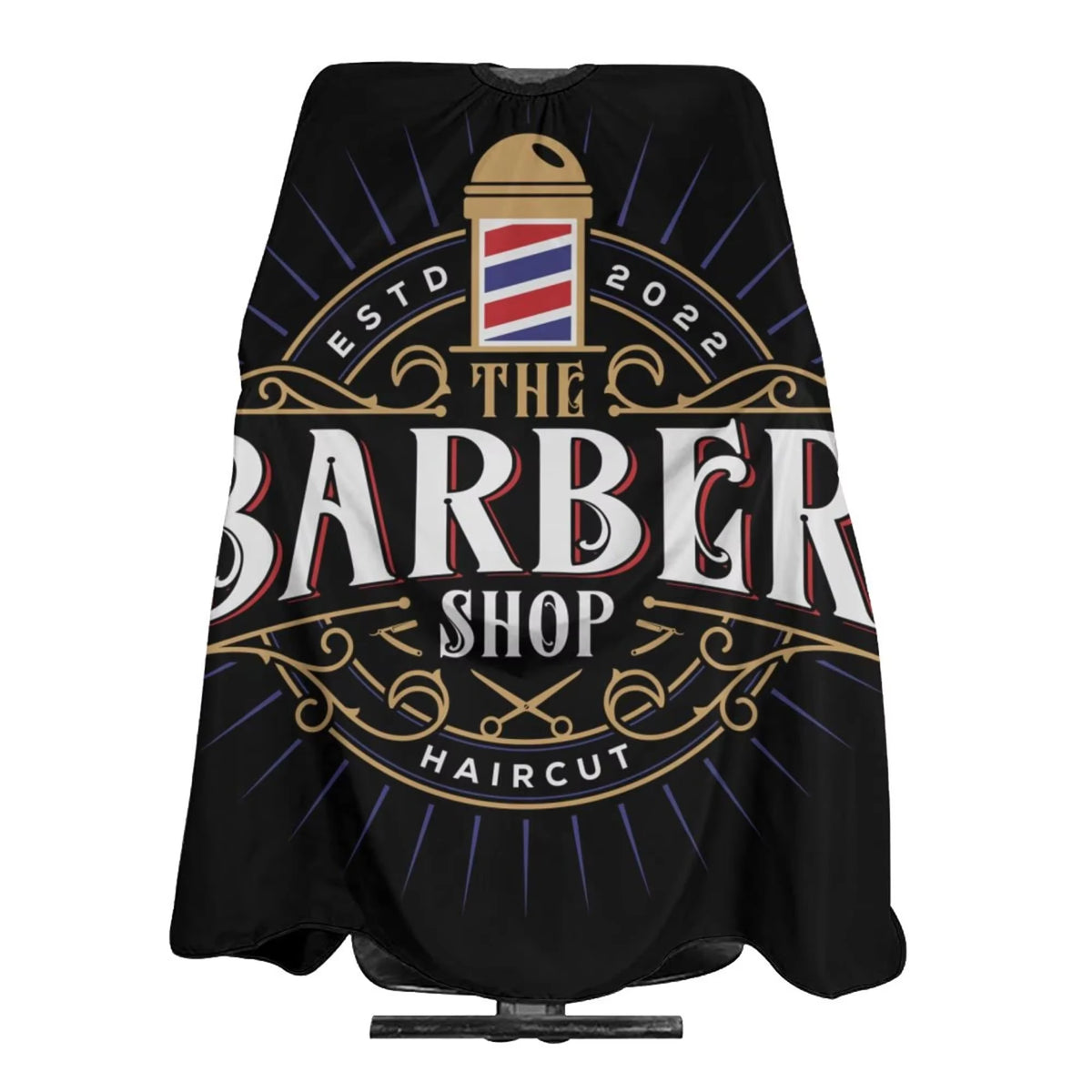 Black waterproof hair cutting cape with red, white, and blue accents for professional use