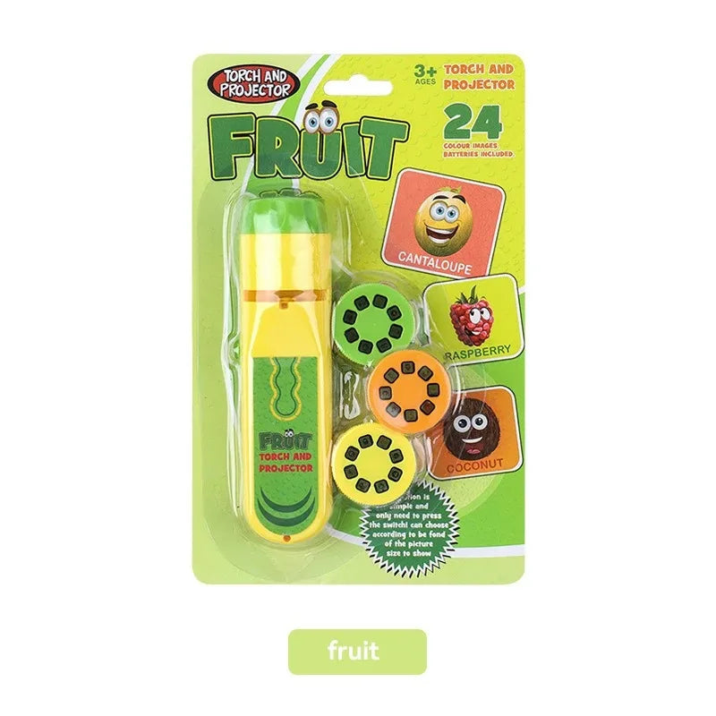 A package of a fruit themed torch and projector flashlight for kids, featuring images of cantaloupe, raspberry, and coconut.