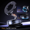 A black magnetic car phone mount with a swivel locking mechanism and vacuum suction feature.