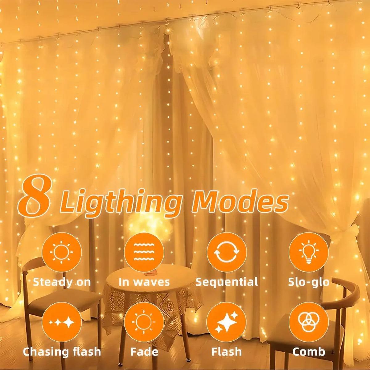 A display showing eight lighting modes for solar-powered outdoor curtain lights.
