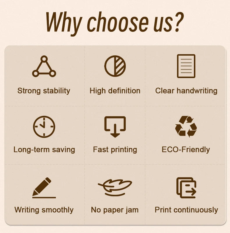A list of features highlighting strong stability, high definition, clear handwriting, long-term saving, fast printing, eco-fr