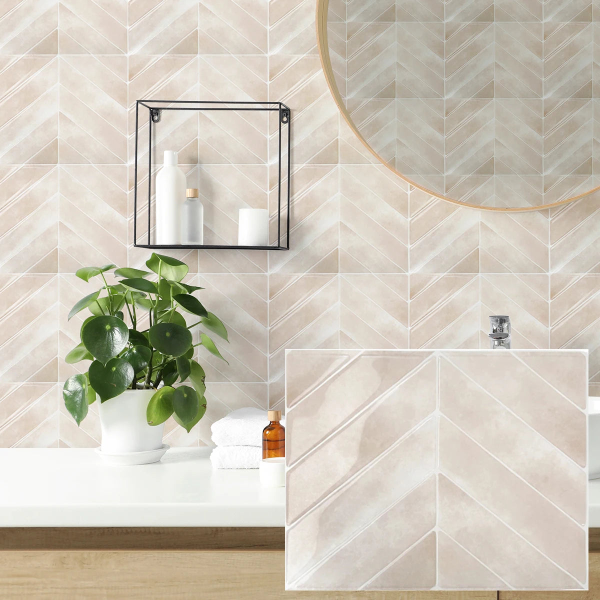 A bathroom vanity featuring beige tiled walls, a round mirror, and various skincare products.