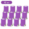 A set of twelve purple wall-mounted toilet brushes with disposable heads.
