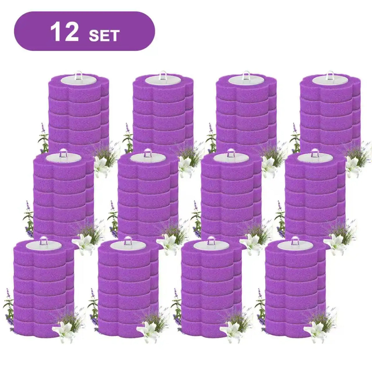 A set of twelve purple wall-mounted toilet brushes with disposable heads.