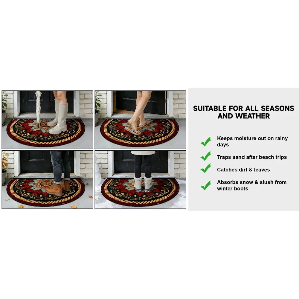A half-round doormat with a whimsical boho dragonfly design shown in various seasonal contexts.
