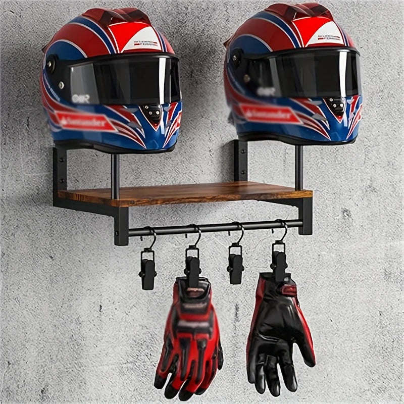 A motorcycle helmet wall mount featuring two helmets and a wooden shelf with hooks for gloves.