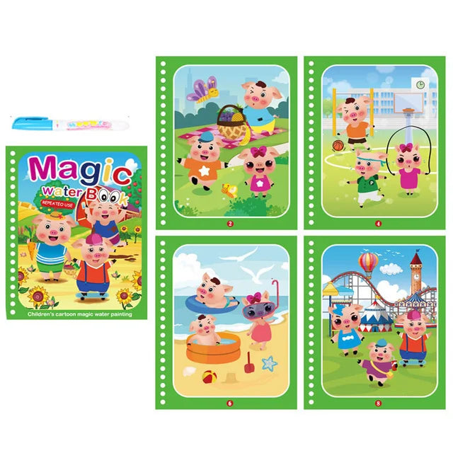 A set of five pages from a Magic Water Book featuring cartoon pigs and other animals drawing on water.