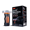 A black glass emulsion product box and applicator brush for oil film purification on glass surfaces.