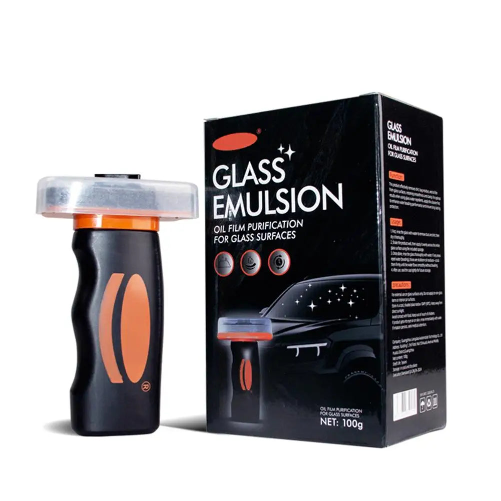 A black glass emulsion product box and applicator brush for oil film purification on glass surfaces.