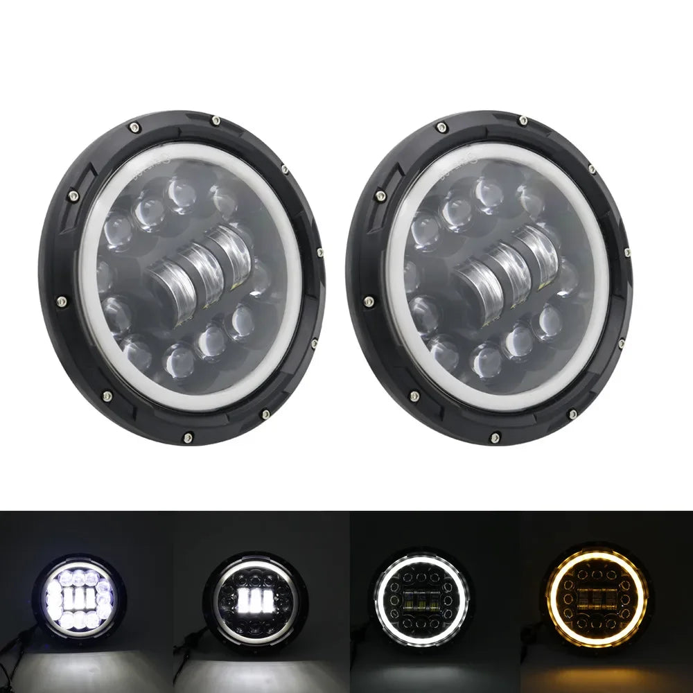 A set of two 7-inch LED headlights with DRL and turn signals shown from the front.