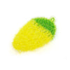A bright yellow and green strawberry scrubber sponge for dishes and kitchen