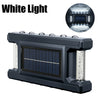 A black solar powered outdoor wall light with a rectangular panel and adjustable illumination features are shown.