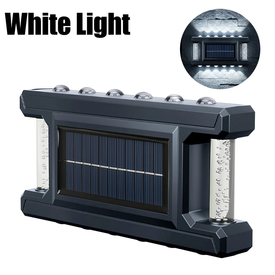 A black solar powered outdoor wall light with a rectangular panel and adjustable illumination features are shown.