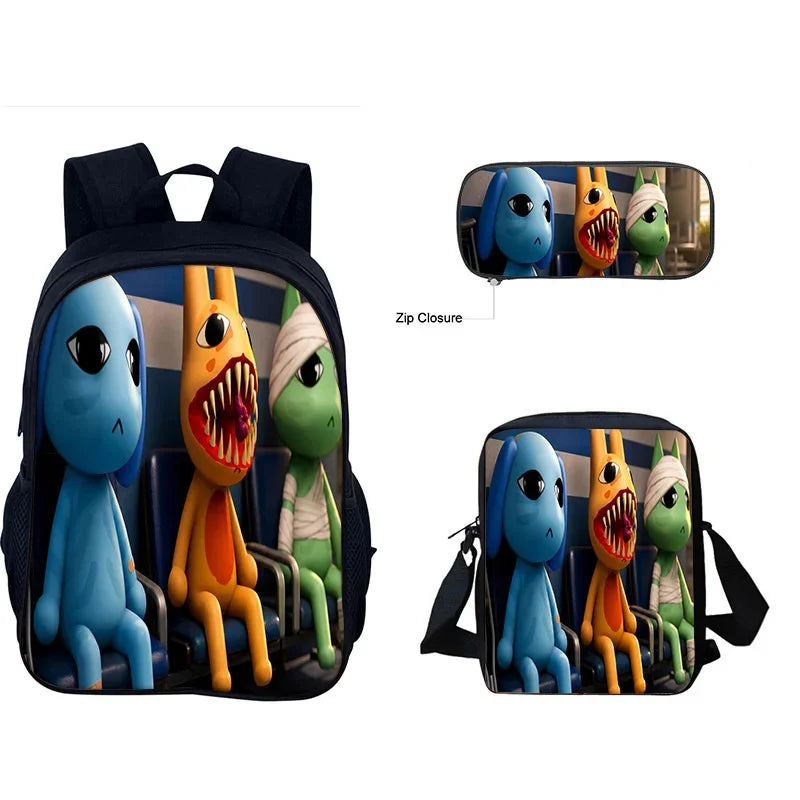 A blue Animal Hospital backpack set featuring plush toys of various animals like a blue elephant, orange tiger, and green mon