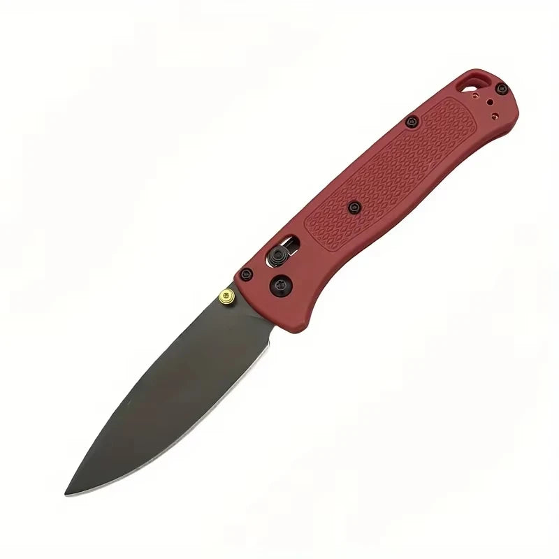 A compact folding knife with a reddish-brown nylon fiber handle and a dark blade.