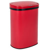 A red automatic touchless trash can with a black rim and sensor visible on top.