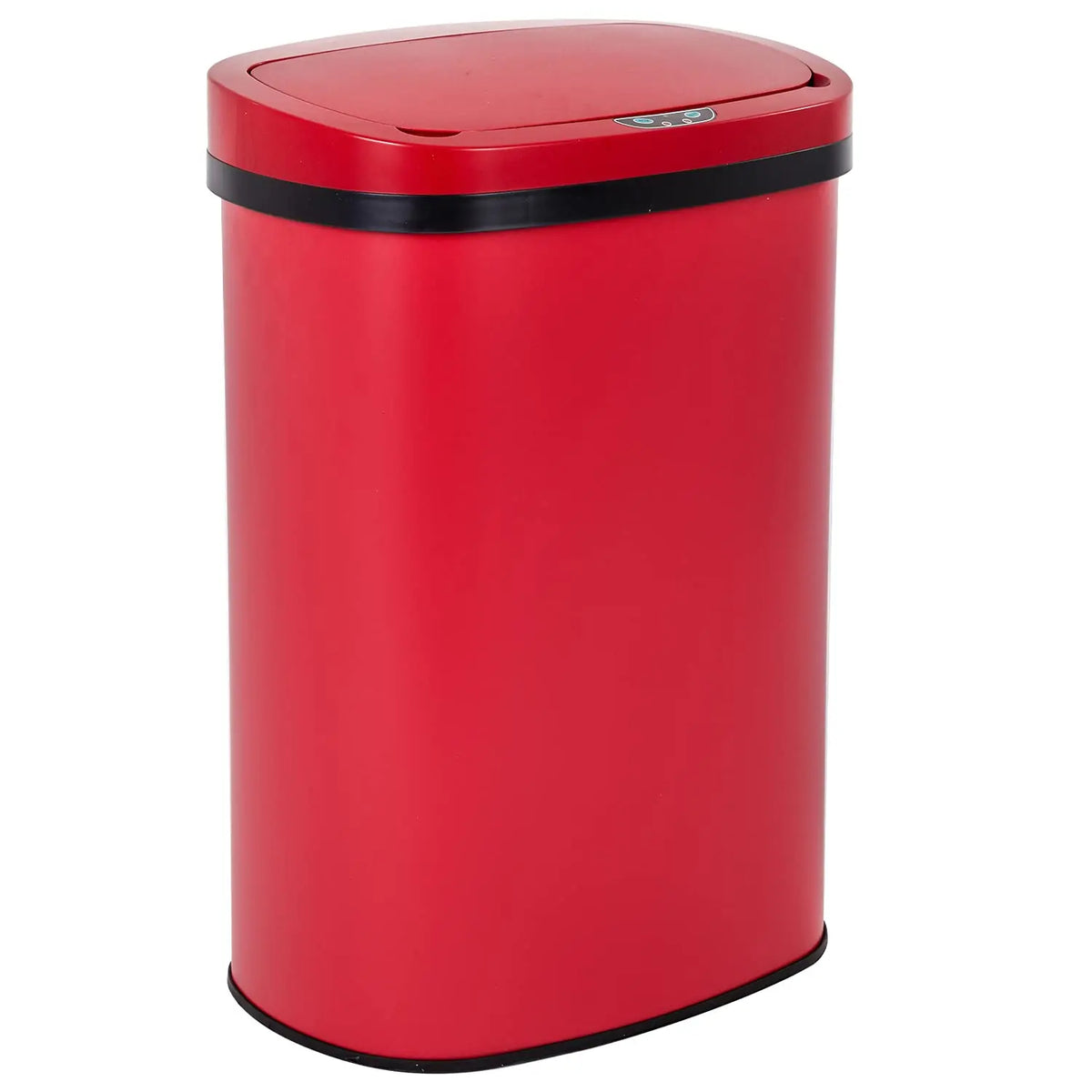 A red automatic touchless trash can with a black rim and sensor visible on top.