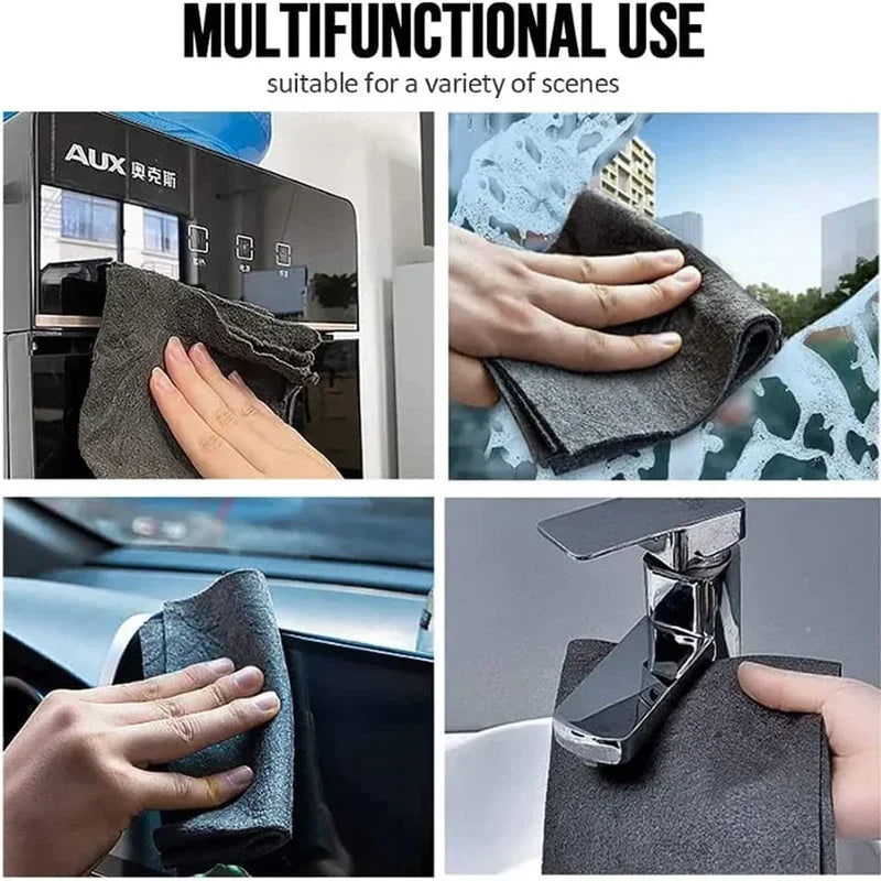 A multi-pack of gray microfiber cleaning cloths being used for various household and automotive cleaning tasks.