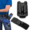 A blue shirt sleeve shows a hand-held tool holster attached to a belt clip and a separate padded strap.