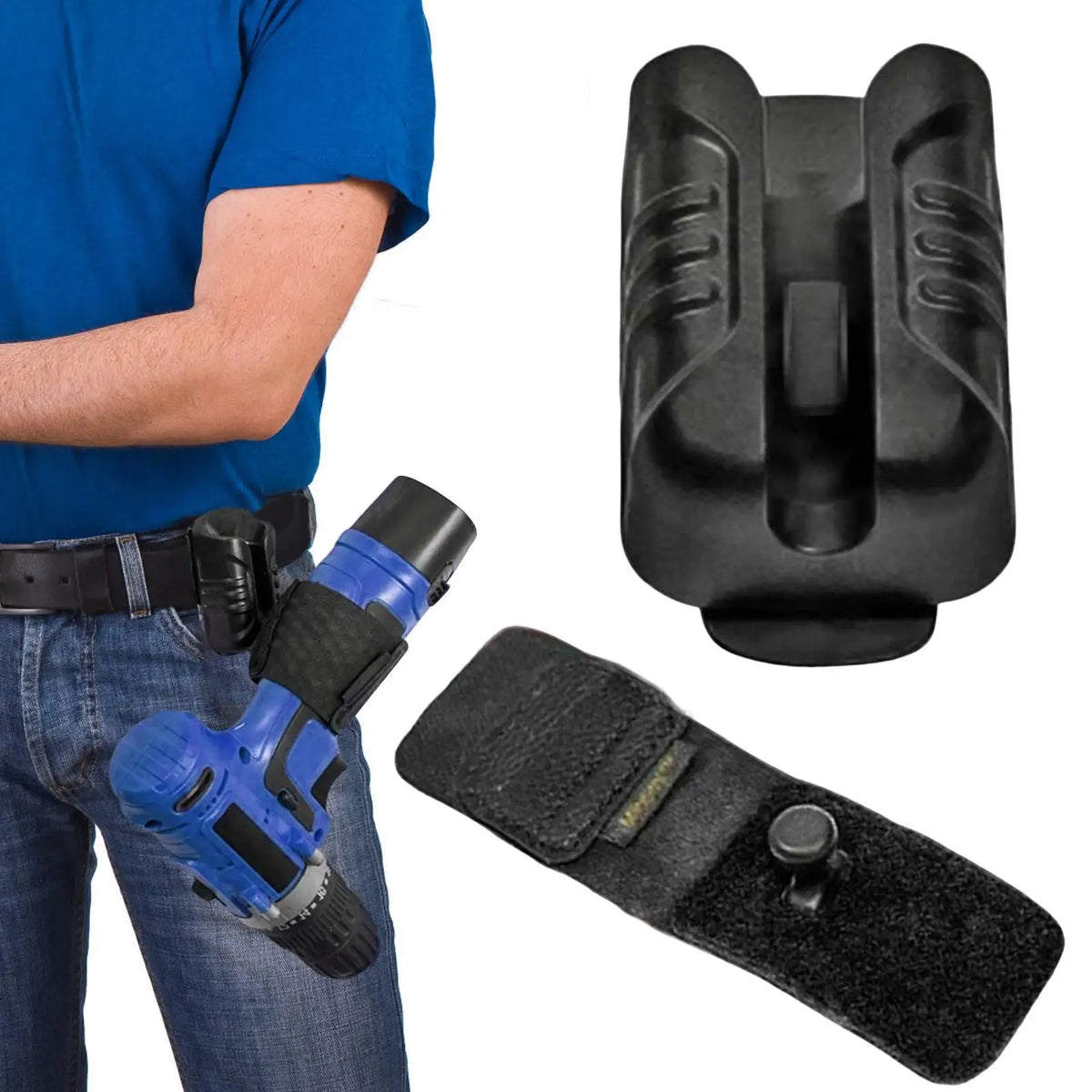 A blue shirt sleeve shows a hand-held tool holster attached to a belt clip and a separate padded strap.