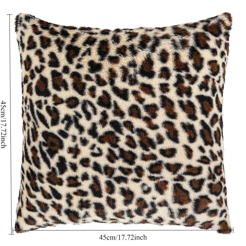 A square plush velvet pillowcase with a brown and black leopard print pattern.