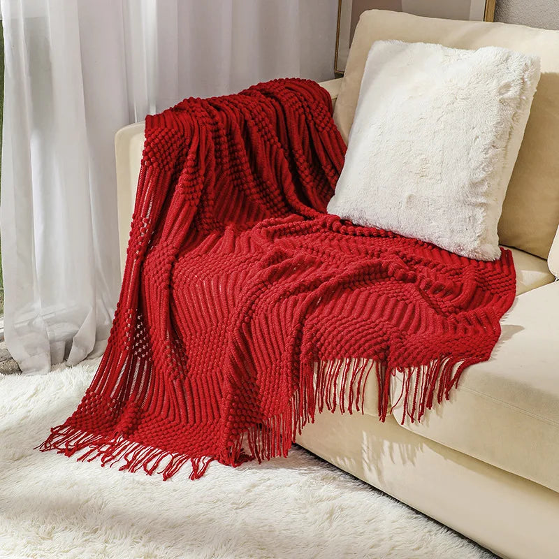 Khaki Knitted Throw Blanket with Tassels