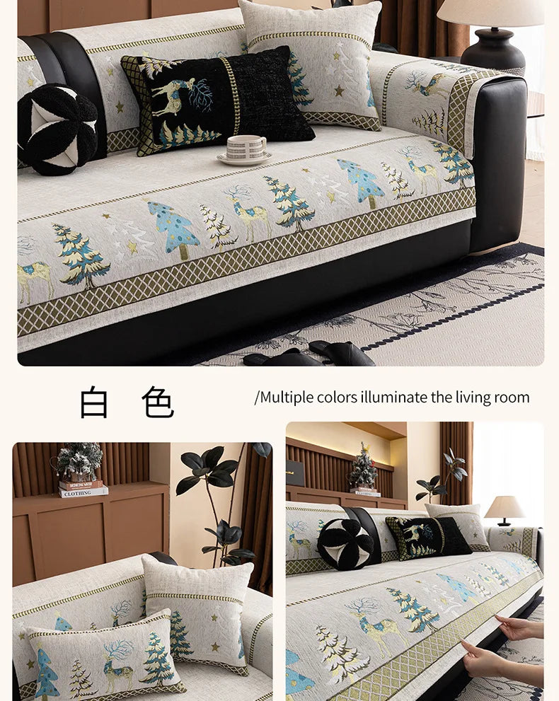 Festive Chenille Christmas Sofa Cover with Deer & Tree Pattern