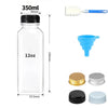 A clear plastic juice bottle with a black cap, a silicone funnel, and various plastic caps shown together.