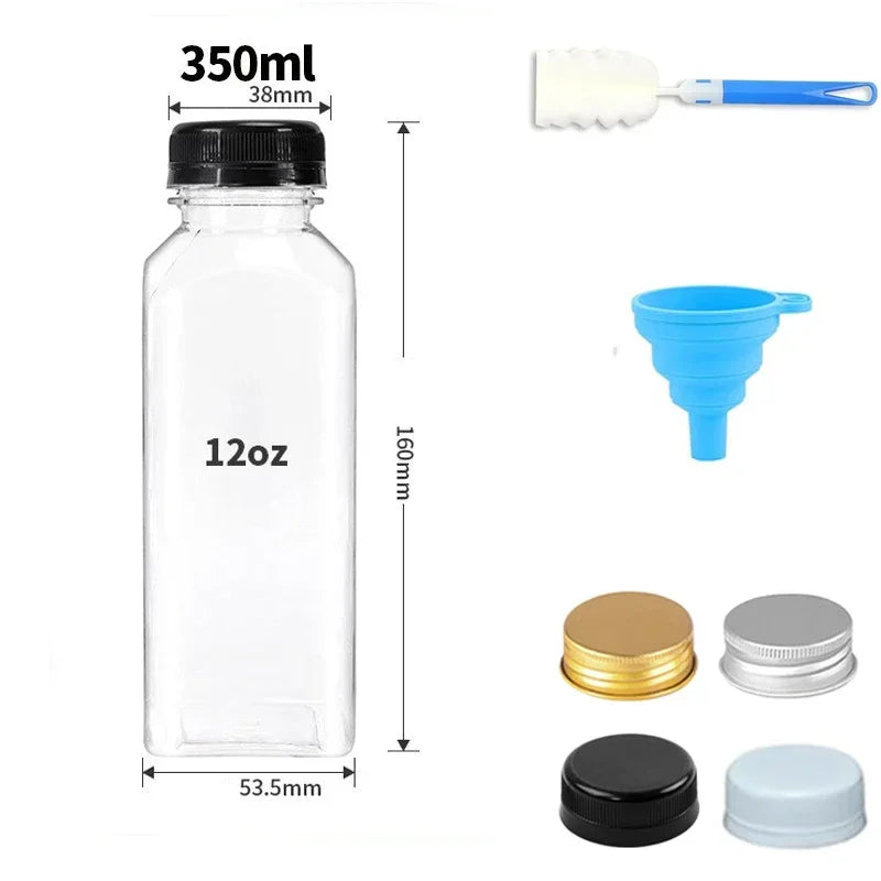 A clear plastic juice bottle with a black cap, a silicone funnel, and various plastic caps shown together.