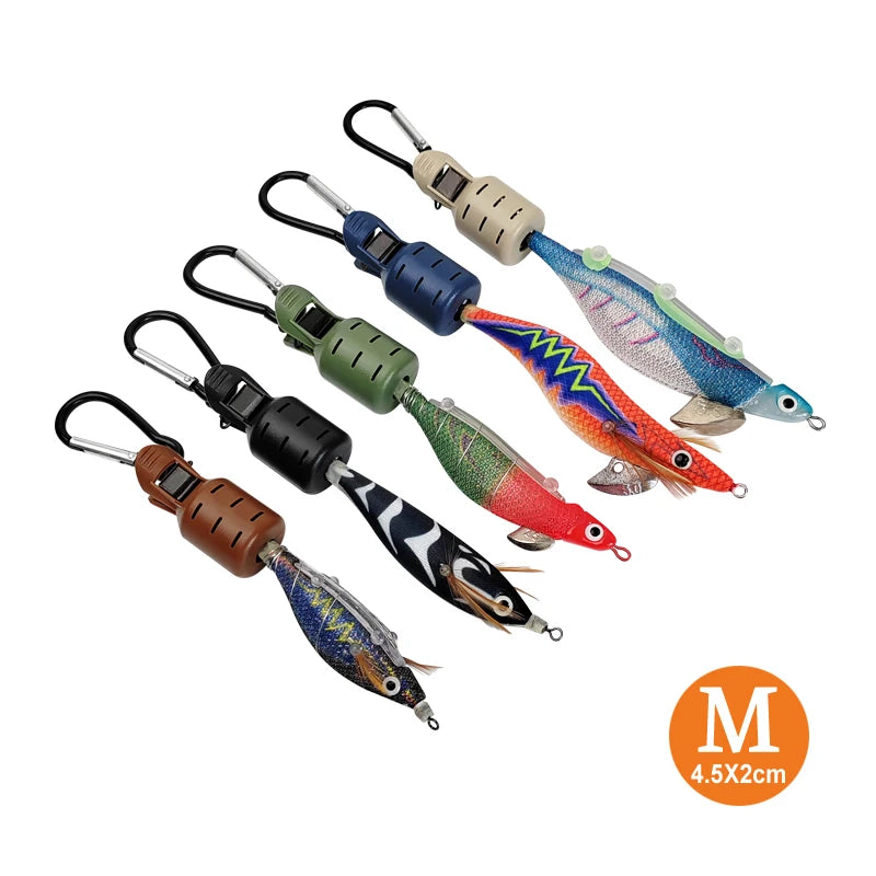A collection of colorful squid jigs on lines with carabiners, showing various colors and designs.