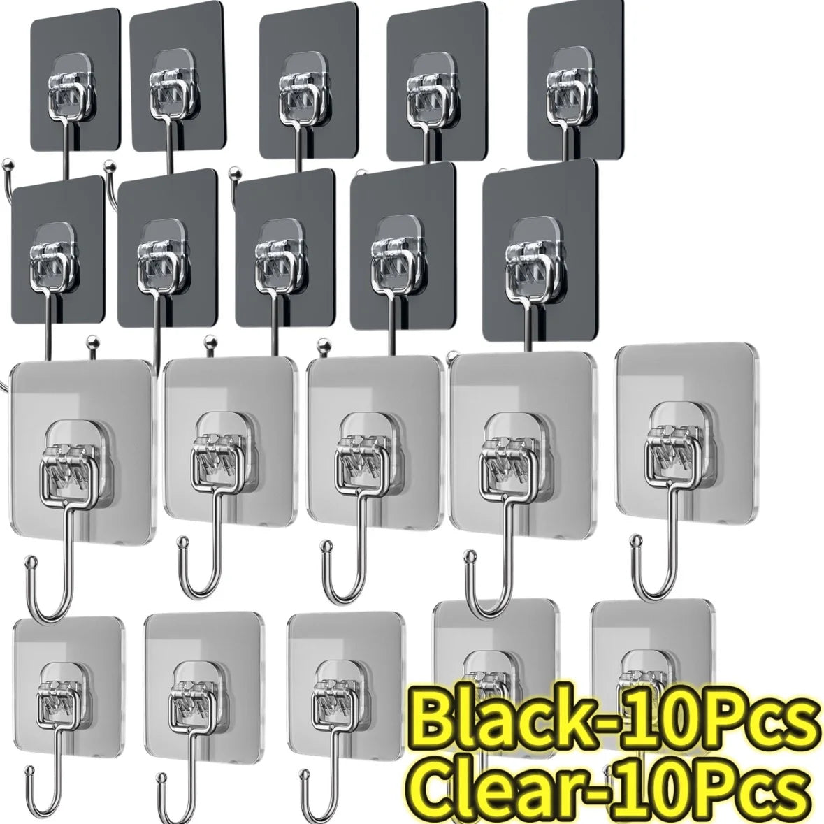 Black and clear self-adhesive rotating wall hooks sold in 10 pieces