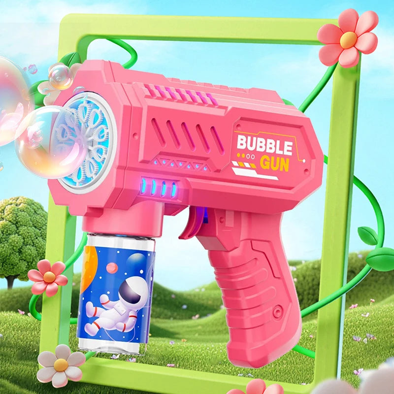 A pink bubble gun with lights is shown in a green frame, next to a colorful liquid container and green vines.