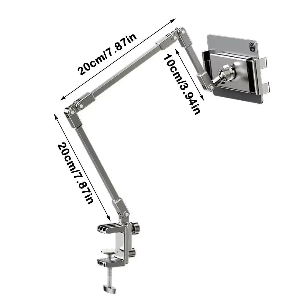 A silver adjustable tablet and phone stand with a flexible arm design.