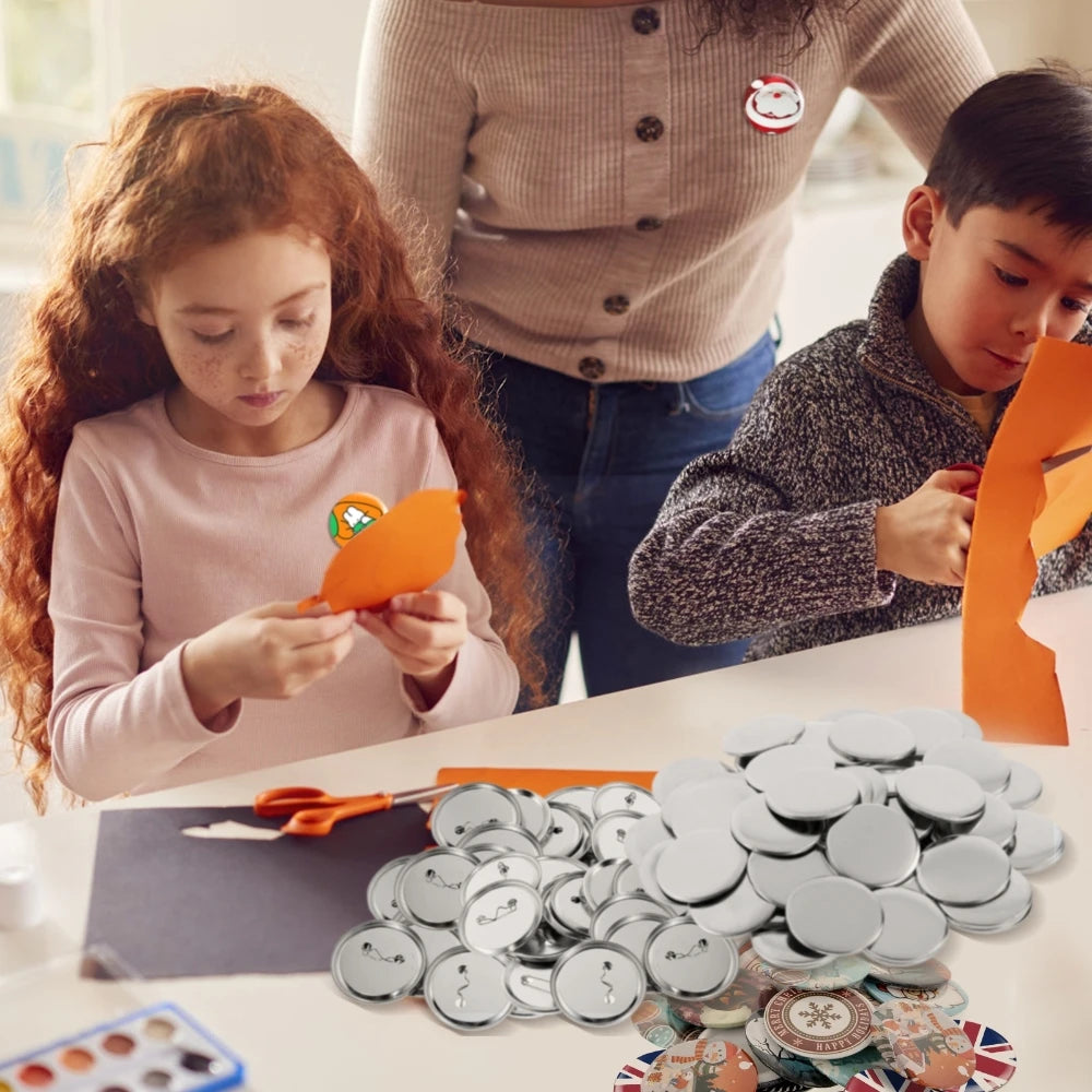 A child is assembling a DIY metal button parts kit with various silver and copper-toned buttons on a white table.
