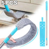 Five pieces of gray microfiber duster with extendable handles shown cleaning a surface.