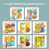 A collection of 32 wooden jigsaw puzzles featuring various animals and traffic themes for children.