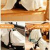 A white breathable cotton muslin cover is shown draped over a baby carrier or stroller seat, with images showing it on a car 