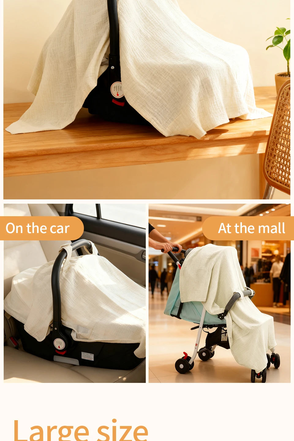 A white breathable cotton muslin cover is shown draped over a baby carrier or stroller seat, with images showing it on a car 