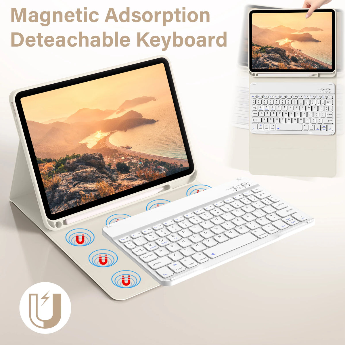 Magnetische, abnehmbare Tastatur für iPad, zeigt Tastatur und Etui.
