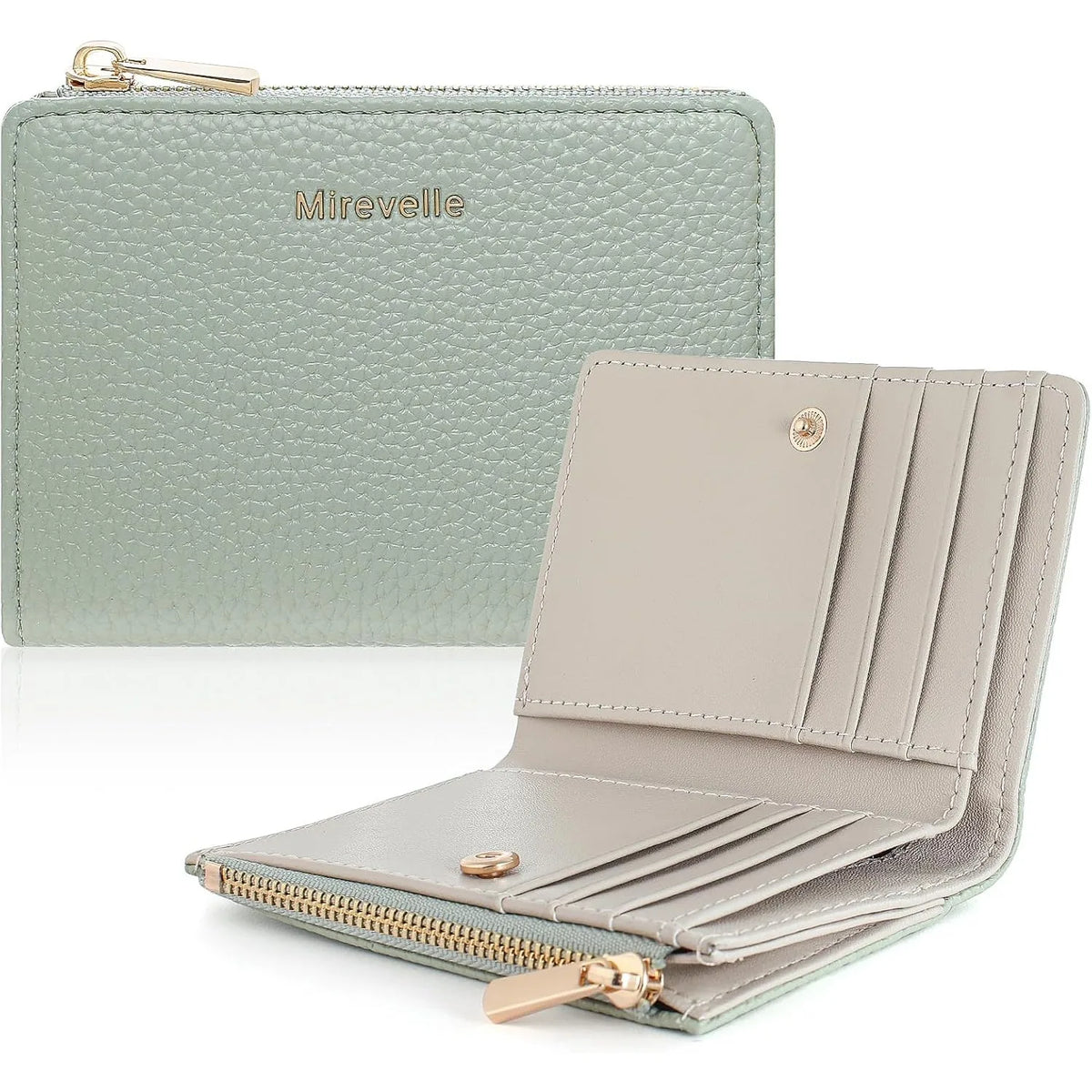 A light sage green slim bi-fold wallet with gold hardware and a beige leather interior.