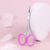 Pair of professional stainless steel cuticle scissors with curved blades on a pink background.