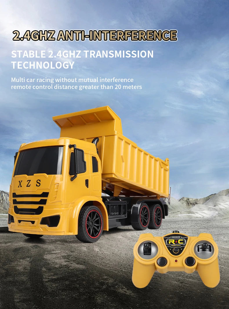 A yellow construction excavator dump truck and a remote control controller are shown against a cloudy sky.
