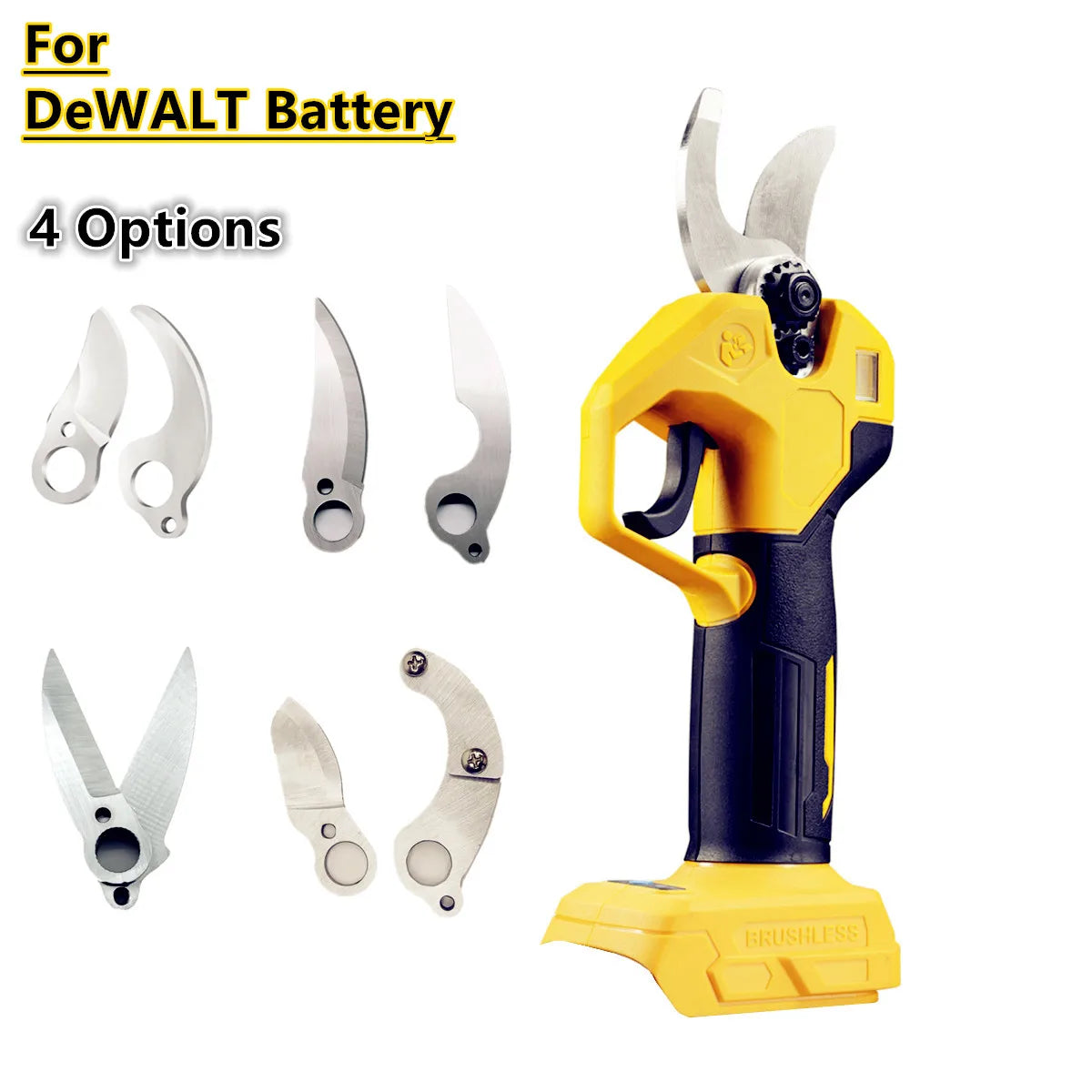 Yellow cordless multi-blade cutting shear tool for Dewalt battery with four options.