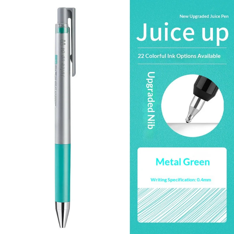 Silber- und Teal-Pilot Juice Up Gelstift neben den Schreibspezifikationen.
