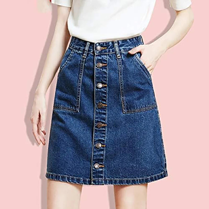 A woman models a dark blue denim mini skirt with visible button details.