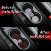 Before and after installation comparison of non-slip silicone car cup holder coasters in a vehicle interior.