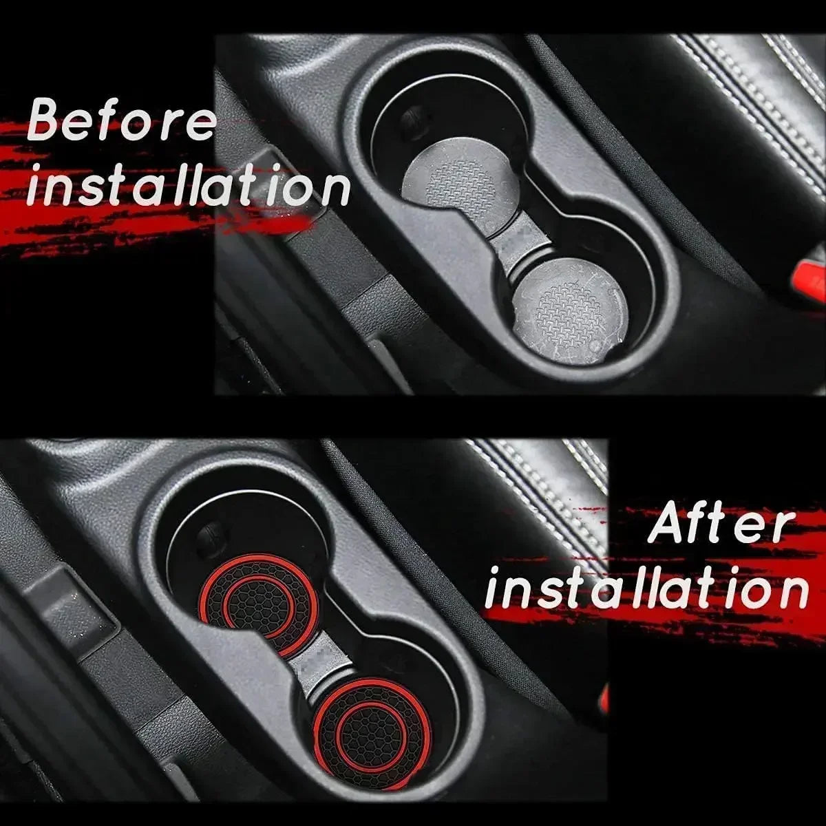 Before and after installation comparison of non-slip silicone car cup holder coasters in a vehicle interior.